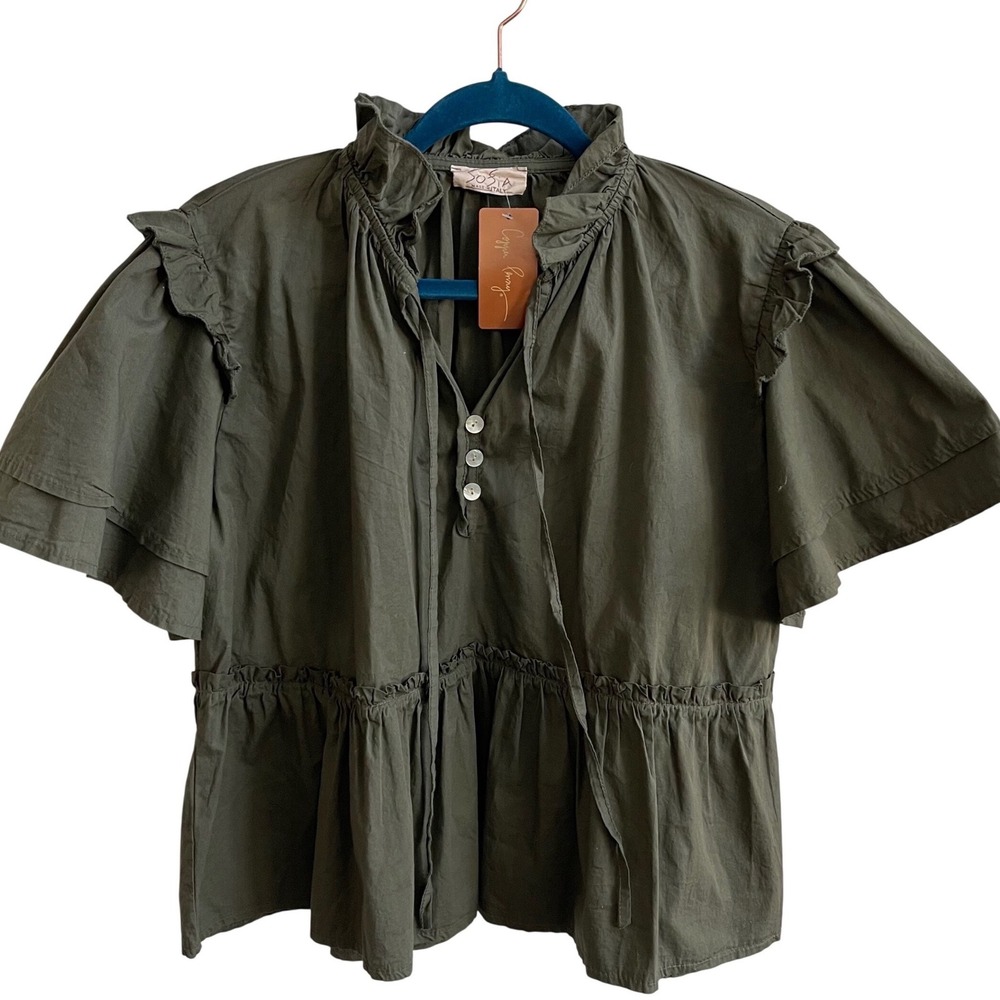Sofia Sevillaā Top Women Med Olive Green Romantic Ruffle Flutter Sleeve Peplum